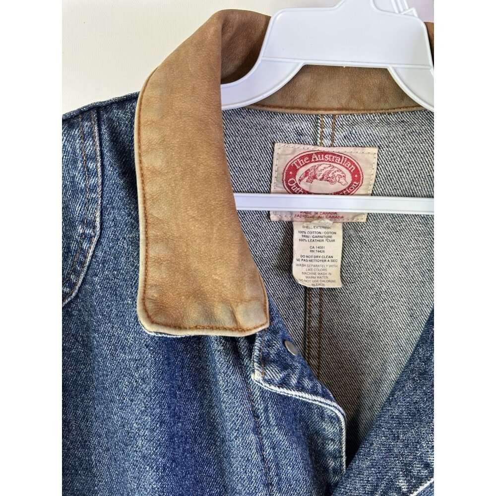 Vintage 90s Leather Collar Denim Jean Trucker Jacket Barn Chore Coat - Picture 5 of 13